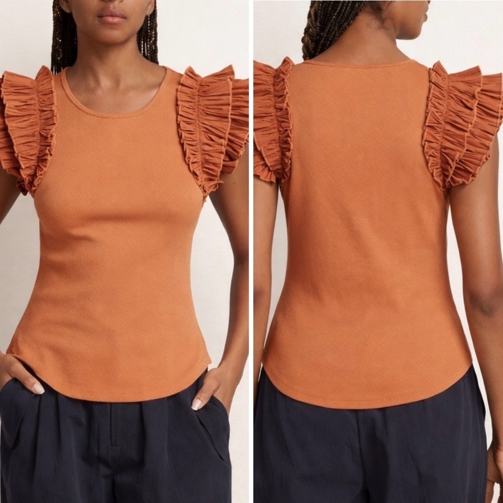 Ulla Johnson Lilo Ruffle Shoulder Chestnut Brown Ribbed Knit Top - Picture 10 of 10